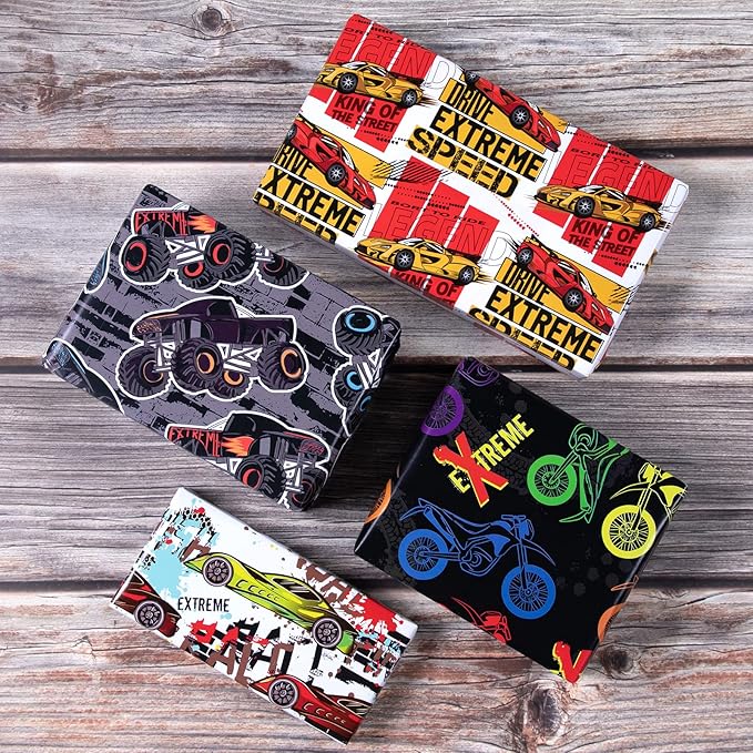 PlandRichW Monster Trucks Wrapping Paper - Folded for Boys Kids Adult Birthday Wrapping Paper Including Racing Monster Trucks Motocross for Party Holiday, Pre-cut 12 Sheets Each 20 X 29 Inches