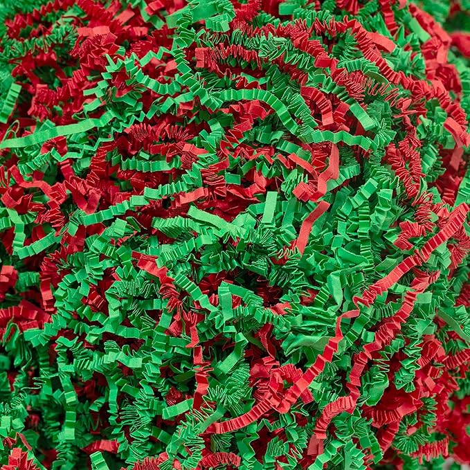 Wowxyz 2 LB Crinkle Cut Paper Shred Green & Red Crinkle Shredded Paper - Gift Box Baskets Bag Filler - Confetti Stuffing for Birthday, Holiday Gift Packaging Wrapping