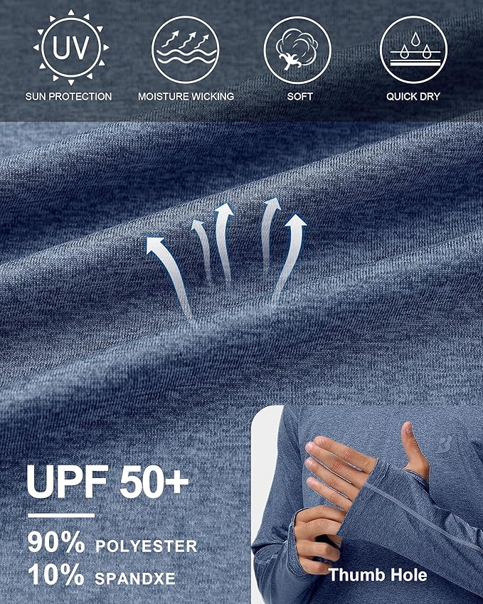 Roadbox Mens UPF 50+ Fishing Shirts, Long Sleeve UV Sun Hoodie, Hiking Running Swim Athletic Workout Shirt