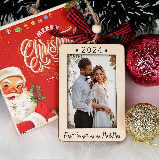 Christmas Photo Frame Ornament, 2025 Ornament, Wooden Picture Frame Ornaments With Hanging String (First Christmas As Mr & Mrs (Portrait))