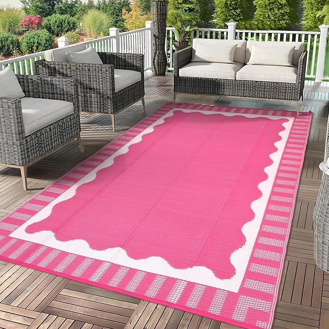 Waterproof Plastic Straw Outdoor Rug 9x18 Patio Reversible UV Resistant Foldable Camping Carpet Scalloped Border Large Outdoor Rugs for Deck, Picnic, Porch, Camper, Balcony, Beach，Rose Pink