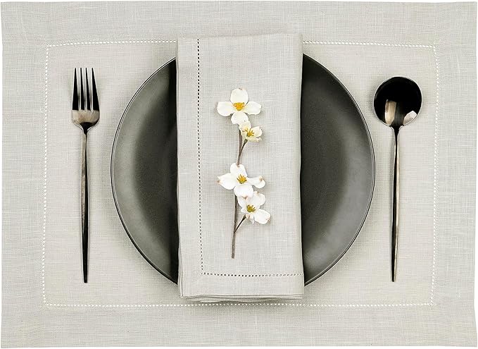 D'Moksha Homes Silver Grey Linen Cloth Placemats Set of 8-100% Pure Linen Hemstitch Placemats 14 x 19 Inch - Classic Hemstitch Table Place Mats for Thanksgiving - Handcrafted and Machine Washable