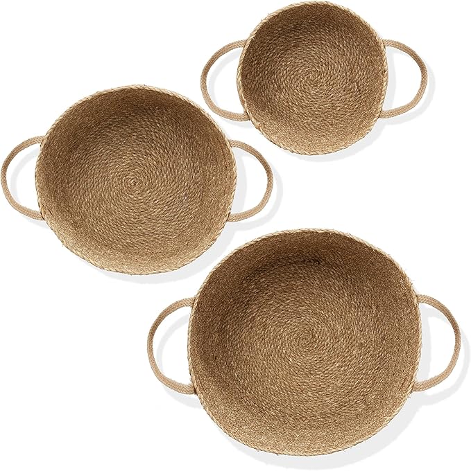 Casafield Set of 3 Braided Seagrass Baskets with Jute Handles - Natural, Woven Storage Basket Planters, Boho Decor for Entryway, Living Room, Bedroom