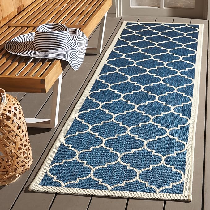 SAFAVIEH Washable Rug Outdoor Courtyard Collection - 2'3" x 8' Runner, Navy & Beige, Non-Shedding & Easy Cleaning, Ideal for Patio, Entryway, Mudroom, Hallway, Kitchen (CY6914-268)