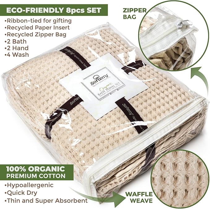Softerry European Waffle Weave Bath Towel Set - 100% Organic Cotton - Quick Dry Lint Free Thin and Absorbent - Fade Resistant - Eco-Friendly (Set of 8, Natural)