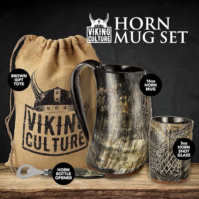 Viking Horn Mug Gift Set Christmas Gifts for Men – 16oz Beer Tankard, Shot Glass, Bottle Opener – Medieval Drinking Horn Stocking Stuffer for Dad Husband – Unique Holiday Birthday Present