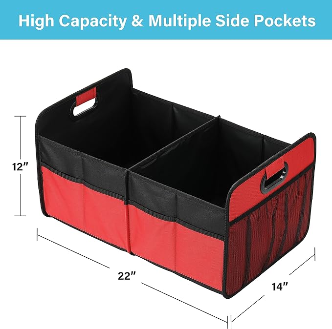 Simple Deluxe Car Trunk Organizer, Anti-slip Design, Made of Waterproof 600D Oxford Polyester, 2 Compartments Collapsible Trunk Storage, Suitable for SUV, 14" D x 22" W x 12" H, Red