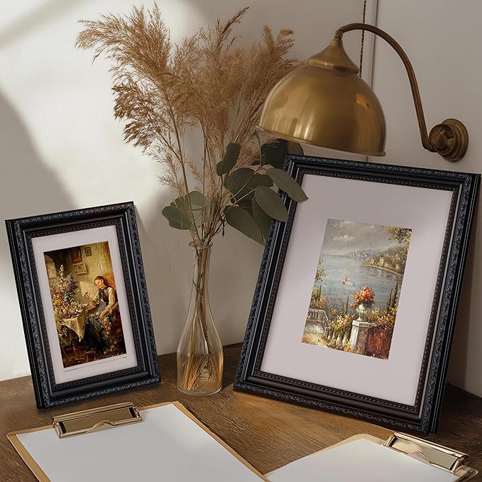 eletecpro 4x6 Picture Frames Set of 4, Ornate Vintage Photo Frames with Glass, Display 3.5x5 Photo with Mat or 4x6 without Mat for Tabletop or Wall Decor, Black