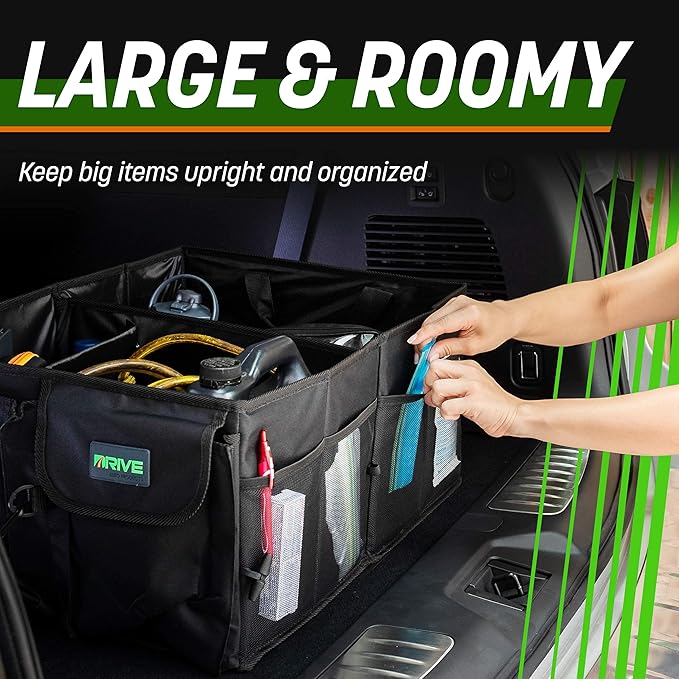 DRIVE - Car Trunk Organizer - Collapsible, Multi-Compartment Automotive SUV Car Organizer for Storage w/Adjustable Straps - Truck & Car Accessories for Women and Men - Tan