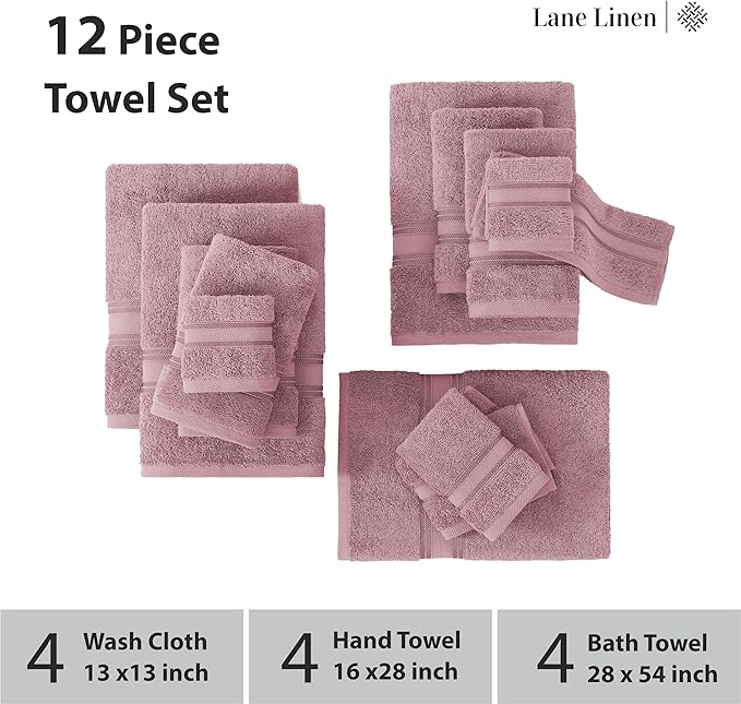 LANE LINEN Bathroom Towels Set of 12 – Zero Twist, 100% Ring-Spun Cotton, 4 Bath, 4 Handtowel & 4 Washcloths, Luxury Hotel Design, Perfect for Salon & Guests, Machine Washable – Wishful Mauve