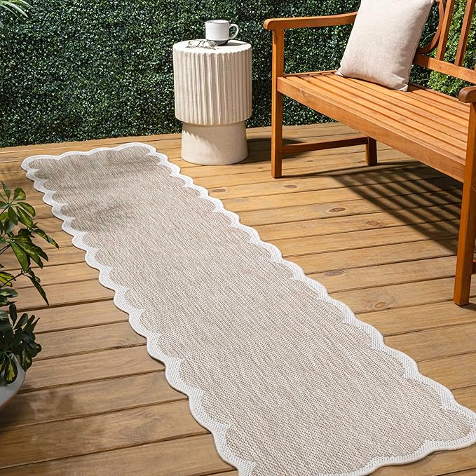 JONATHAN Y Cottage Two-Tone Scalloped Indoor Outdoor Runner Rug 2X8 Beige/Cream, Alice Classic for Backyard, Patio, Porch, Easy-Cleaning, High Traffic, Pet-Friendly, Non-Shedding (SHP103A-28)