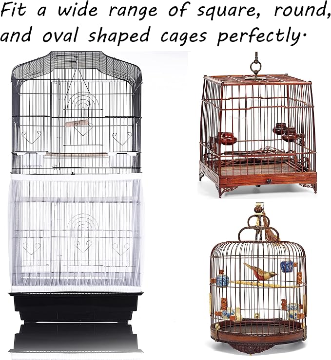 Tamu style Bird Cage Seed Catcher, Large, Stretchy Form Fitting Mesh Skirt Cover for Parrot Enclosures, Light and Breathable Fabric, Prevent Scatter and Mess, Reusable,Adjustable, Lightweight,Black | Stretchy bird cage cover with nylon netting; breatha...