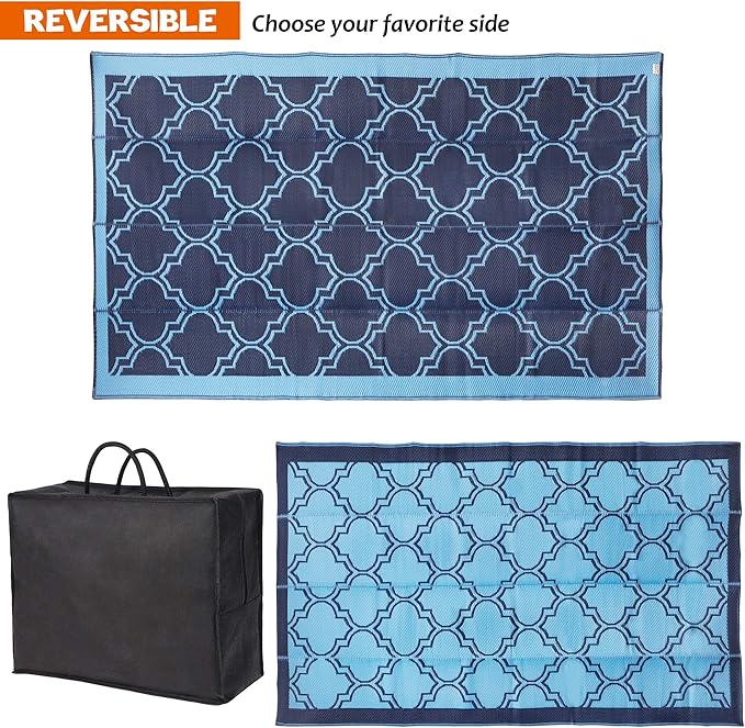SAND MINE Reversible Mats, Plastic Straw Rug, Modern Area Rug, Large Floor Mat and Rug for Outdoors, RV, Patio, Backyard, Deck, Picnic, Beach, Trailer, Camping (5' x 8', Blue Quatrefoil)