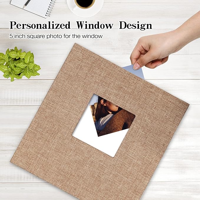 potricher 13.2x12.8 Inch Self Adhesive Photo Album Linen Cover 80 Pages Sticky 3x5 4x6 5x7 6x8 8x10 8.5x11 Magnetic DIY Scrapbook Photo Album with A Metallic Pen (Khaki)