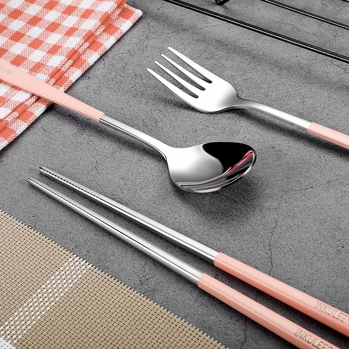Travel cutlery set, 18/8 stainless steel cutlery, Reusable utensils set with case, Portable Silverware Lunch Box for Camping and Office (Pink)