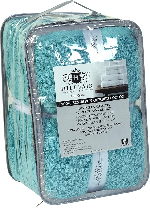 Hillfair 12-Piece Super Soft Cotton Bath Towels - 600 GSM - Hotel Spa Set: 2 Bath, 4 Hand, 6 Washcloths - Absorbent - Aqua