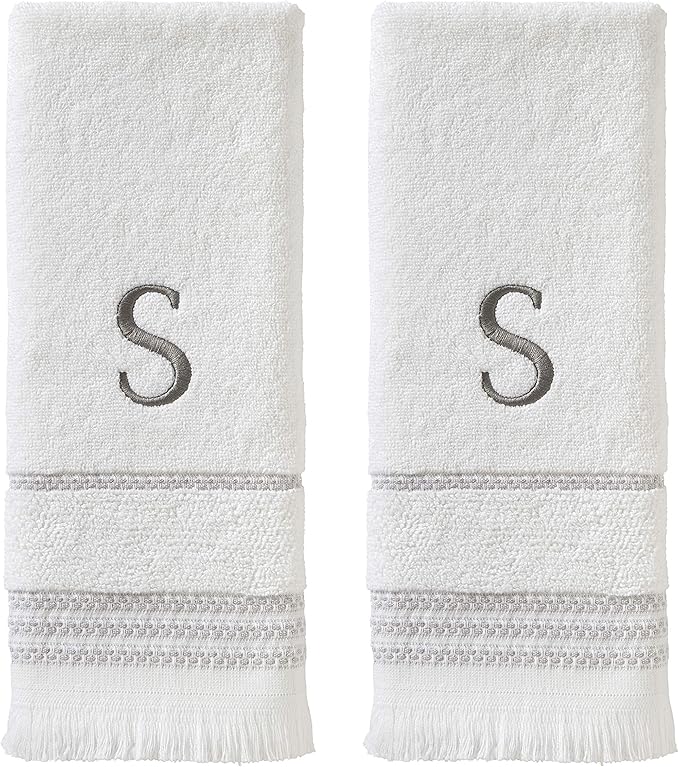 SKL Home Casual Monogram Hand Towel Set, S, 16x26, White 2 Count