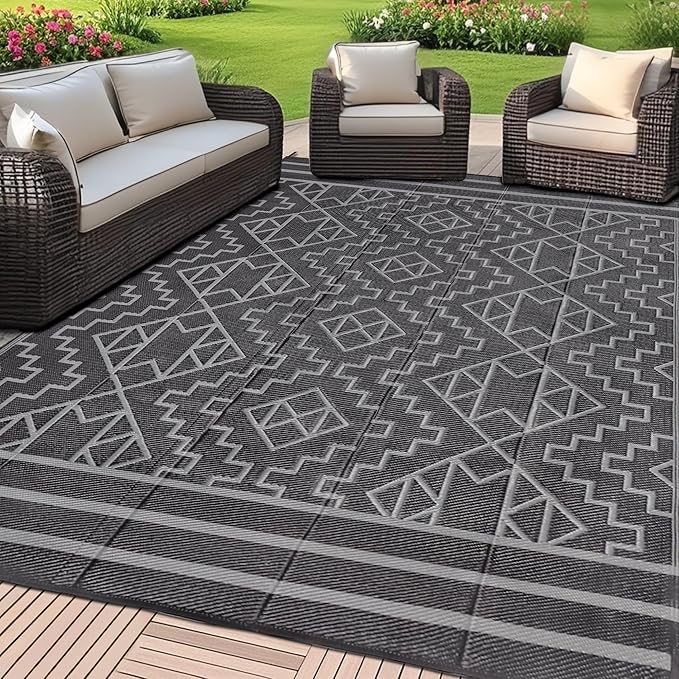 SAND MINE Reversible Mats, Plastic Straw Rug, Modern Area Rug, Large Floor Mat and Rug for Outdoors, RV, Patio, Backyard, Deck, Picnic, Beach, Trailer, Camping (6' x 9', Black & Grey)
