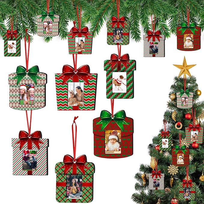 24 Pcs Christmas Wooden Picture Frames Ornaments Xmas Family Photos Small Picture Christmas Ornaments Hanging Christmas Tree Frame Mini Frames Box for Home Decor Holiday Present (Vibrant,24 Pcs)