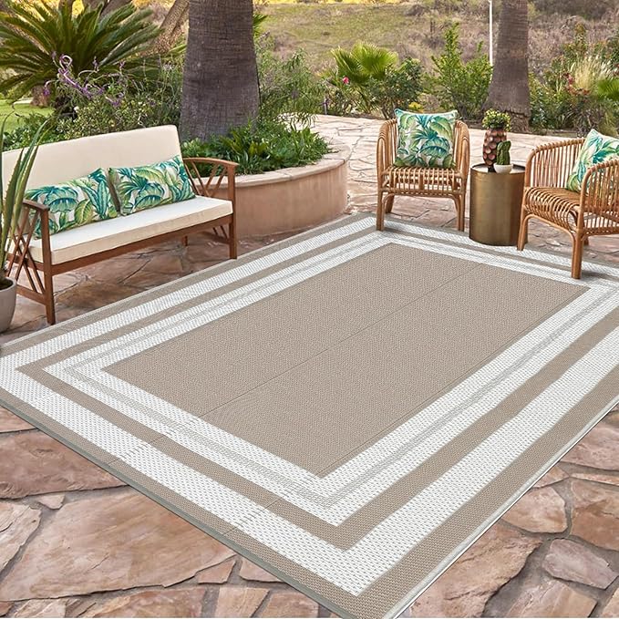Outdoor Rug 8x10 Waterproof Patio Rugs Modern Border Reversible Mat for Front Door Rv Foldable Plastic Straw Carpet for Travel Trailers, Deck, Picnic, Camper, Balcony, Beach，Light Brown