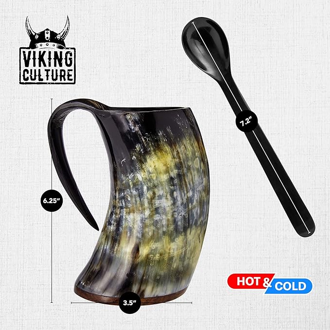 Viking Culture - Hot Viking Horn Mug with Spoon and Bag, 2 Pc Set, Horned Handle with Rustic Natural Finish, Safely Holds Hot and Cold Tea, Coffee, Cocoa, Wine, Beer or Mead
