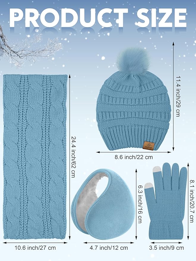 URATOT 4-In-1 Winter Warm Sets Knitted Scarf Touch Screen Gloves Beanie Pompom Hat and Winter Ear Warmer for Men or Women