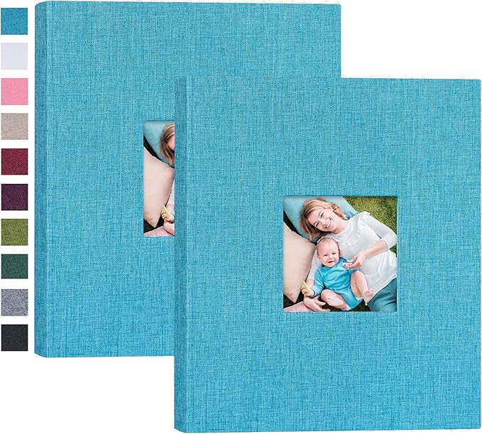 Mublalbum 2 Pack Small 8x10 Photo Album 2 Pack Linen Cover with Display Window Mini Picture Book Each Holds 52 Vertical Pockets for Artwork Postcards or Pictures Storage (Blue)