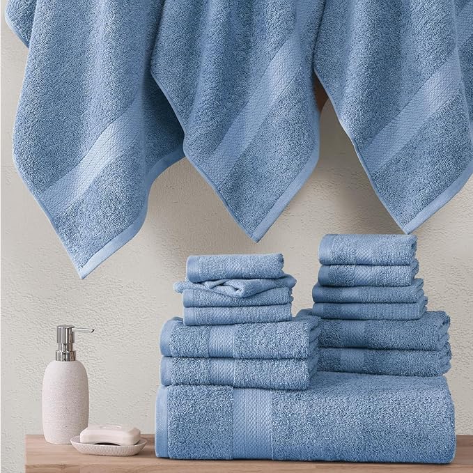 LANE LINEN Ring Spun Cotton Bath Towel Set, 18 PCs - 8 Washcloths, 6 Hand, 4 Luxury Bath Towels - Machine Washable & Sustainably Produced, Oeko-Tex Certified - Cerulean Blue