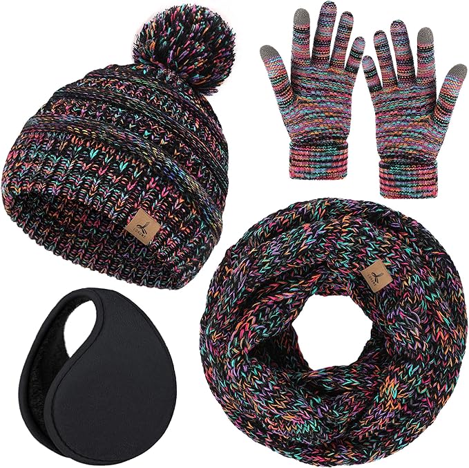 Winter Hat Scarf Gloves and Ear Warmer, Warm Knit Beanie Hat Touch Screen Gloves Set Winter Gifts Neck Scarves for Women