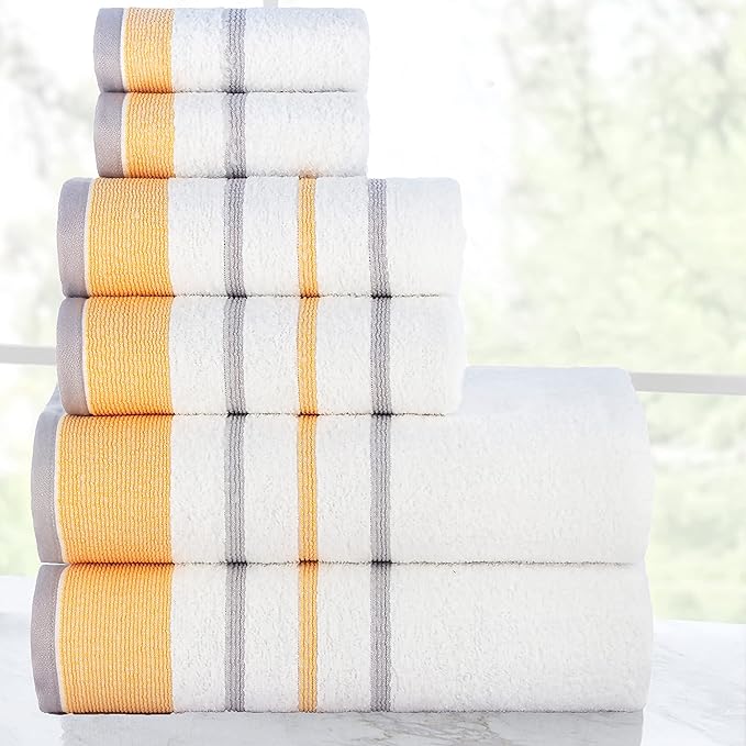 CASA COPENHAGEN White Bay, 6 Pieces Towel Set- White with Gold and Grey Violet Border, 600 GSM, 2Bath, 2Hand, 2Washcloths Egyptian Cotton Towel for Hotel Spa Kitchen Bathroom Kitchen & Shower