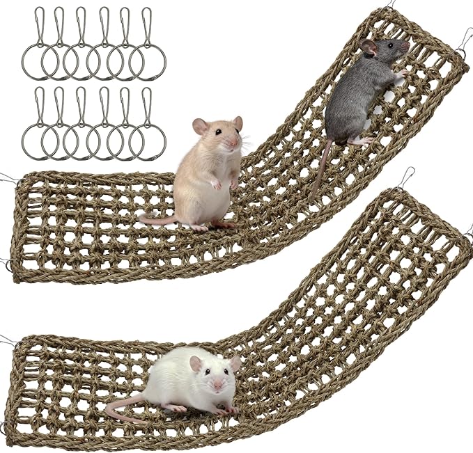 2Pcs 30x7in Rat Climbing Toys for Cage, Chewable Natural Seagrass Mat | with Metal Hooks, Soft Fall Breakers for Rats, Rat Ladder Bridge Toy with Mild Grassy Scent, Rodent Hammock Cage Accessories