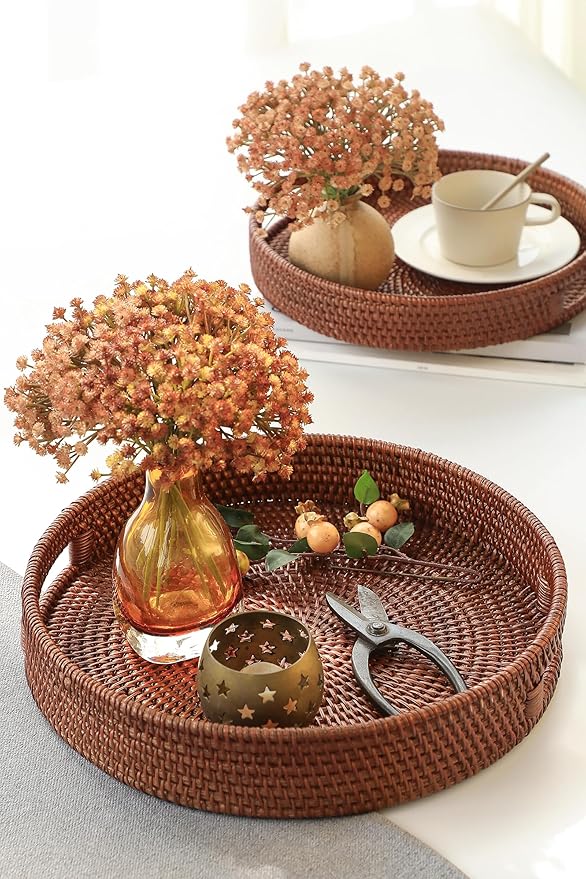 HITOMEN 14.2" Hand-Woven Round Rattan Serving Tray Decorative Ottoman Wicker Platter with Handles for Coffee Table, Breakfast, Drinks, Snack, Bread, Fruit, Vegetables (Brown - L)