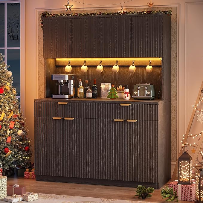 Fluted Kitchen Pantry Storage Cabinet with Charging Station/LED Light/Drawer/Doors/Shelves, 71'' Tall Kitchen Food Hutch with Microwave Stand for Dining Room Living Room (Black, 47*15.7*71)