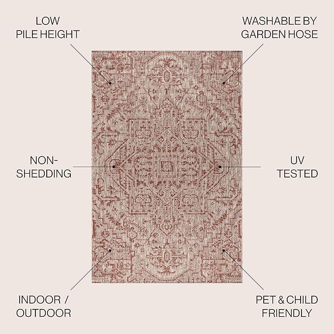 JONATHAN Y Boho Medallion Indoor Outdoor Square Area Rug 8X8 Red/Taupe, Estrella Textured Weave for Backyard, Patio, Porch, Easy-Cleaning, High Traffic, Pet-Friendly, Non-Shedding (SMB105A-8SQ)