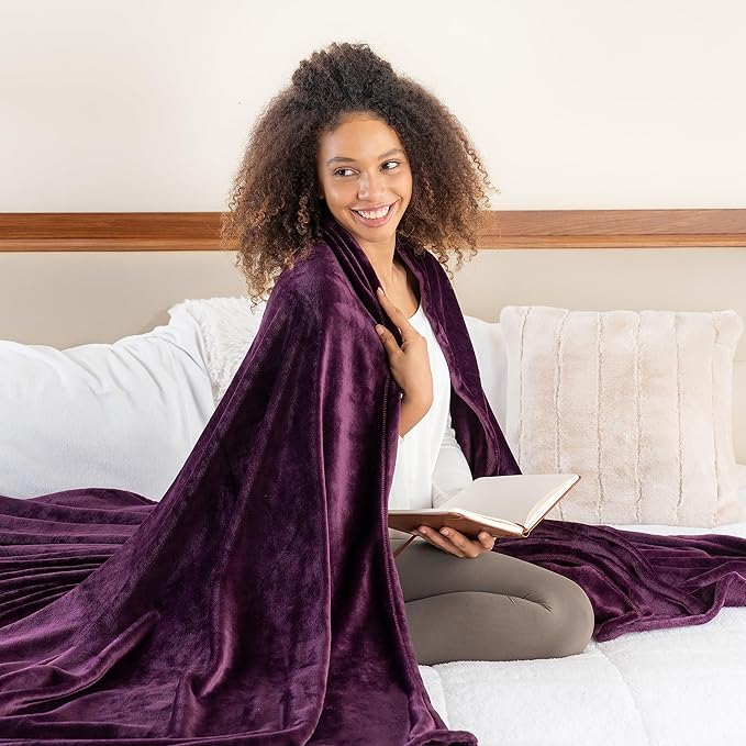 Berkshire Blanket Classic VelvetLoft® Solid Bed Blanket Queen Size,Lightweight Soft Fuzzy Plush Blanket for Bed and Couch,Eggplant Purple,90x90 Inches