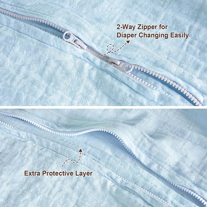 PHF 100% Muslin Cotton Baby Sleep Sacks, 12-18 Months Sleep Sack with 2-Way Zipper, 2 Pack Cooling Unisex 0.5 TOG Breathable Large Size Sleeveless Baby Wearable Blanket, White & Blue