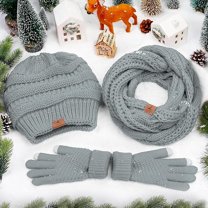 Winter Beanie Hat Scarf Gloves, Warm Fleece Knit Hats Touch Screen Gloves Neck Scarf Set Winter Gifts for Unisex Adult