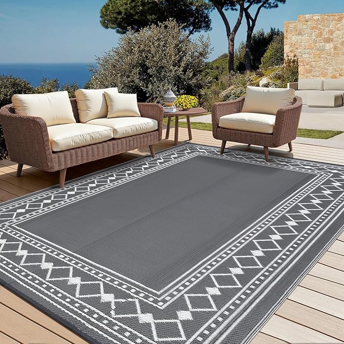 10x14 Large Outdoor Rug,Modern Bordered Plastic Straw Carpet,Waterproof Lightweight Outdoor Carpet,Easy Cleaning Folding Uv Resistant Picnic Camping Mat,Grey/White