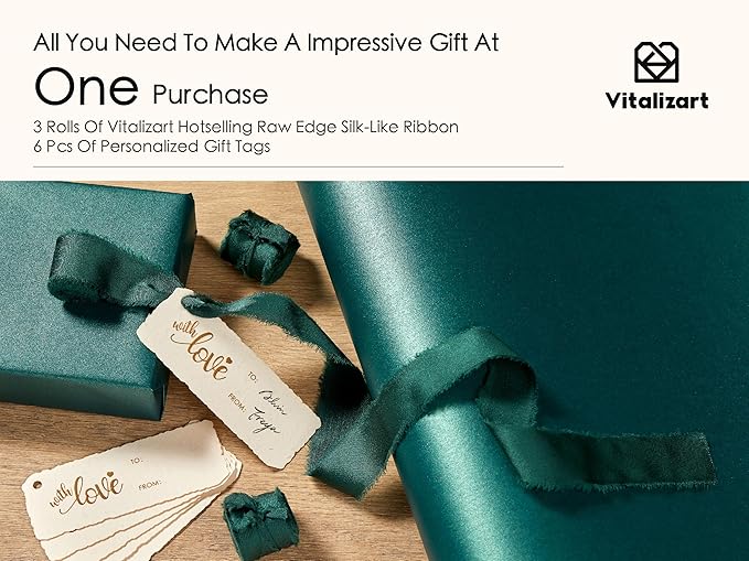 Vitalizart Green Wrapping Paper Set 17" Pearly-Lustre With Silk Like Satin Ribbon & Gift Tags Recyclable Christmas Gift Wrapping Birthday Baby Shower Wedding Handmade Crafts 197"(16.4 Ft)