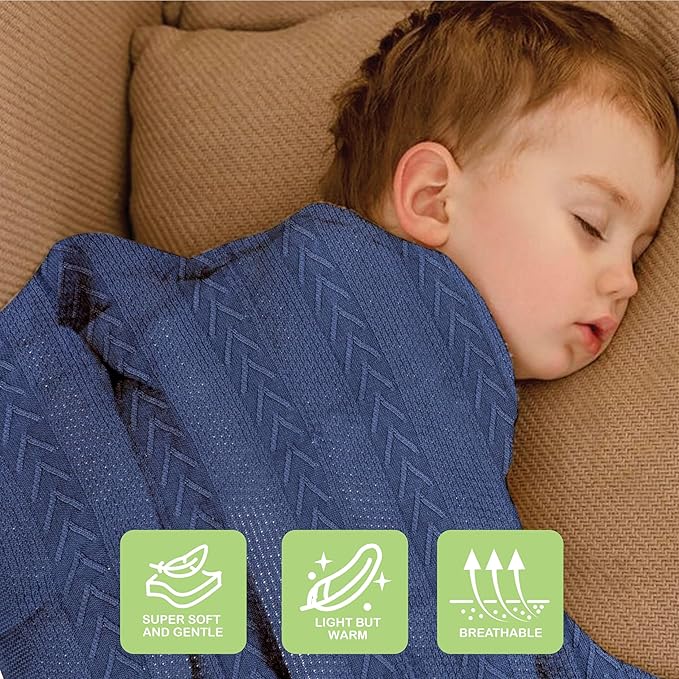 Organic Cotton Baby Blanket - 31.5 x 43.3 Inches, Soft Knitted Crib Blanket for Boys & Girls, Breathable Design (Blue)