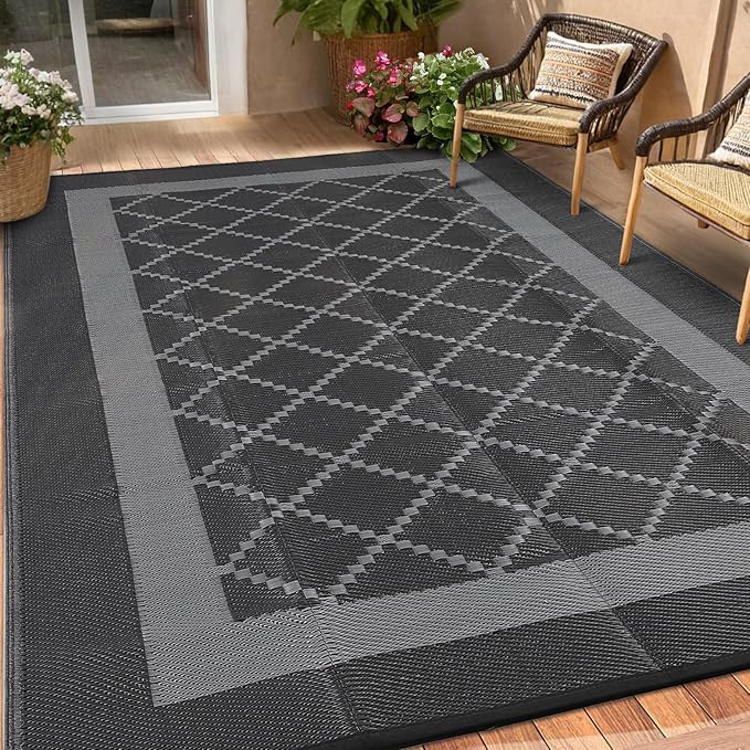 Waterproof Outdoor Rug 8x10 Reversible Plastic Straw Rug Modern Geometric Large Floor Carpet Lightweight Foldable Camping Mat for Outdoors RV Patio Backyard Picnic Black/Grey