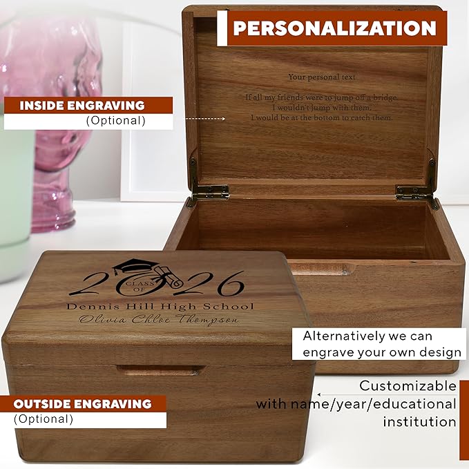 Graduation Boxes 2026 - Personalized Graduation Gifts for Him Her, Engravable High School Memory Box Organizer Boys Girls, Memorabilia Time Capsule, Wood Keepsake Chest Congrats Grad, 8x6x4 in