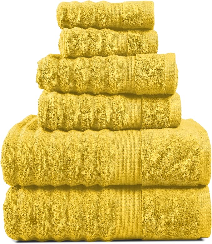 LANE LINEN Bath Towel Set - Soft and Absorbent, Ribbed, 100% Cotton Towels for Bathroom, Hotel, Body & Spa - 2 Bath Towels Large Size, 2 Bathroom Hand Towel and 2 Wash Cloths (6 Piece Set) - Mimosa