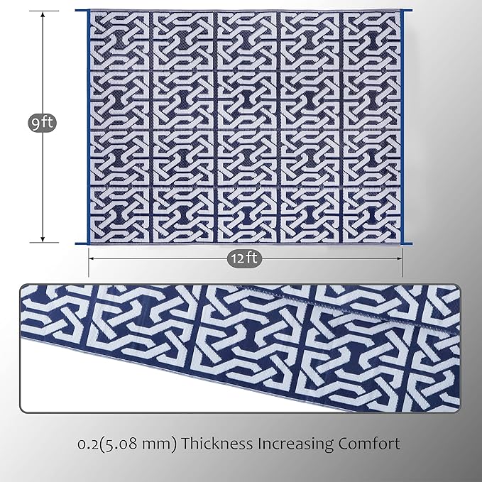 SAND MINE Reversible Mats, Plastic Straw Rug, Modern Area Rug, Large Floor Mat and Rug for Outdoors, RV, Patio, Backyard, Deck, Picnic, Trailer, Beach, Camping, Dark Blue & White, 9' x 12'