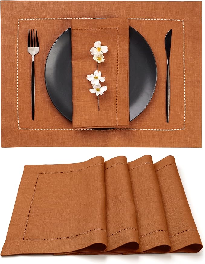 D'Moksha Homes Rust Linen Placemats Set of 4 - Classic Hemstitch Placemats 14 x 19 Inch - 100% Pure Linen Table Mats for Fall, Thanksgiving, Holiday - Handcrafted and Machine Washable