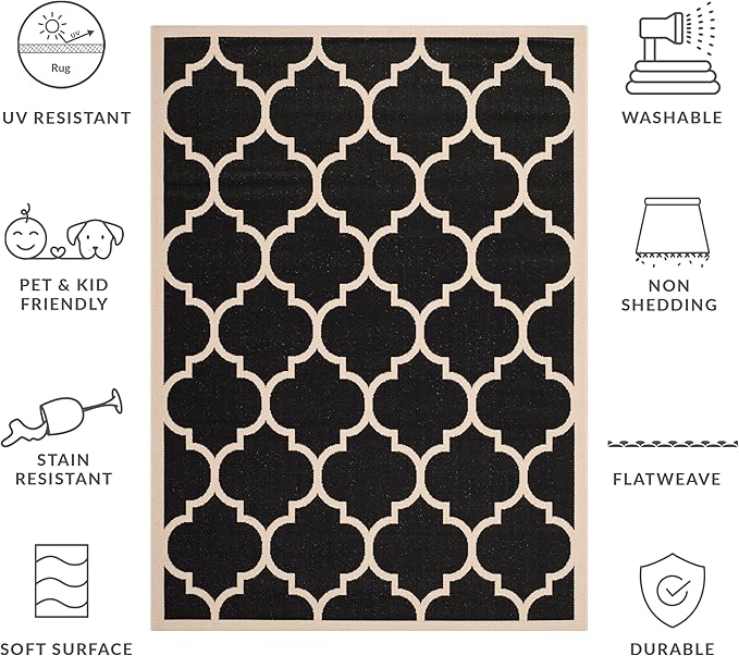 SAFAVIEH Washable Rug Outdoor Courtyard Collection - 5'3" x 7'7", Black & Beige, Non-Shedding & Easy Cleaning, Ideal for Patio, Backyard, Mudroom (CY6914-266)