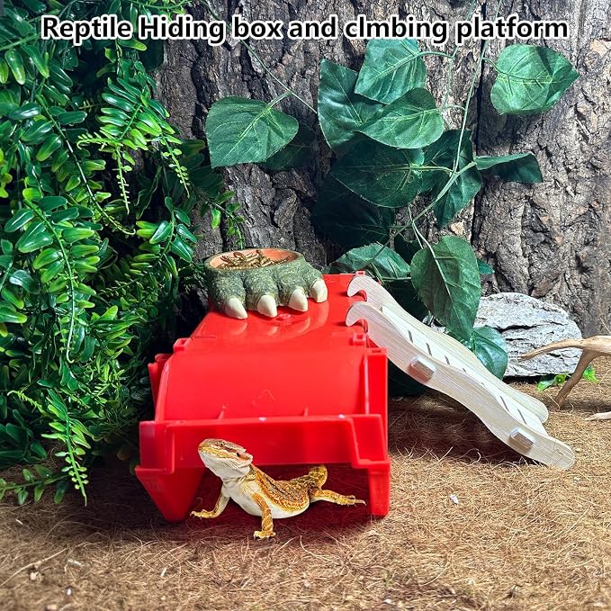 Reptile Digging Box Plastic Leopard Gecko Burrowing Habitat Hide Box with Wooden Ladder Compatible with Terrariums Tailored for Juvenile Bearded Dragons and Snake in Compact Setups (Red)