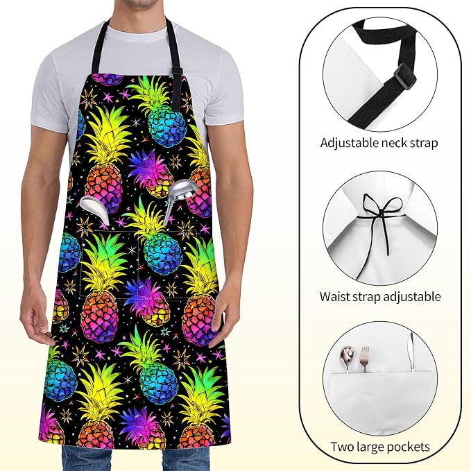 Neon Pineapple Apron for Women,28x33in, Colorful Fruit Kitchen Aprons with 2 Pockets,Oxford Fabric,Bright Adjustable Black Apron for Cooking Baking Gardening Chef,Gifts for Mom Wife