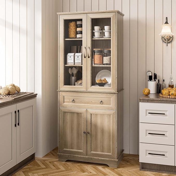 Fatmok 72" Tall Kitchen Pantry Storage Cabinet with Glass Door,Kitchen Hutch Cabinet with 4 Door & 1 Drawer, Farmhouse Food Pantry for Living Room, Dining Room, Office, Natrual