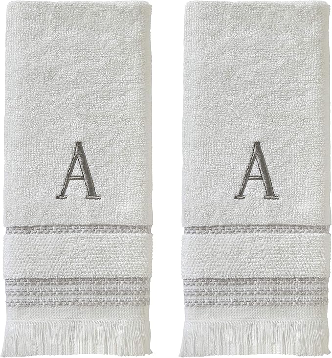 SKL Home Casual Monogram Hand Towel Set, A, 16x26, White 2 Count
